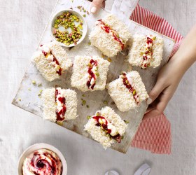 Pistachio, Raspberry and White Choc Lamingtons